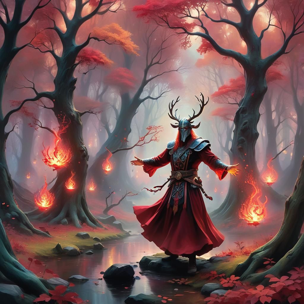 Mani's Dance in Crimson Grove: A Norse Surrealism