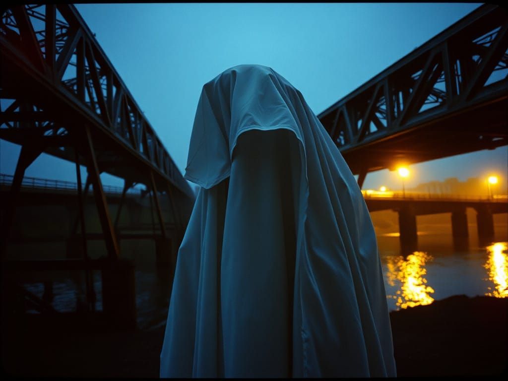 Ethereal Apparition Emerges from Shadows on Abandoned Bridge