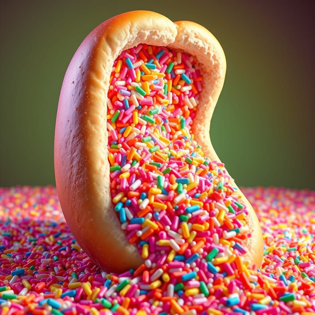 Vibrant Oversized Hot Dog Bun in Whimsical Candyland Setting