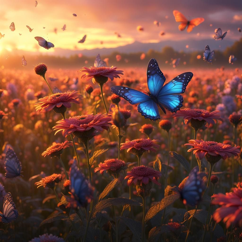 Butterflies on Flower at Sunset: Detailed Matte Painting