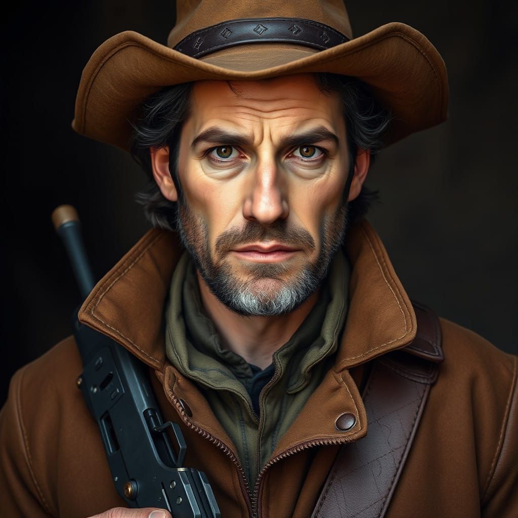 Rugged Scientist in Weathered Coat, Holding Laser Rifle
