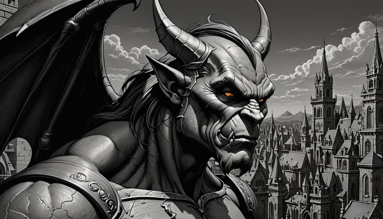 Grimdark 3D Gargoyle: Inked Line Art with Deep Shadows