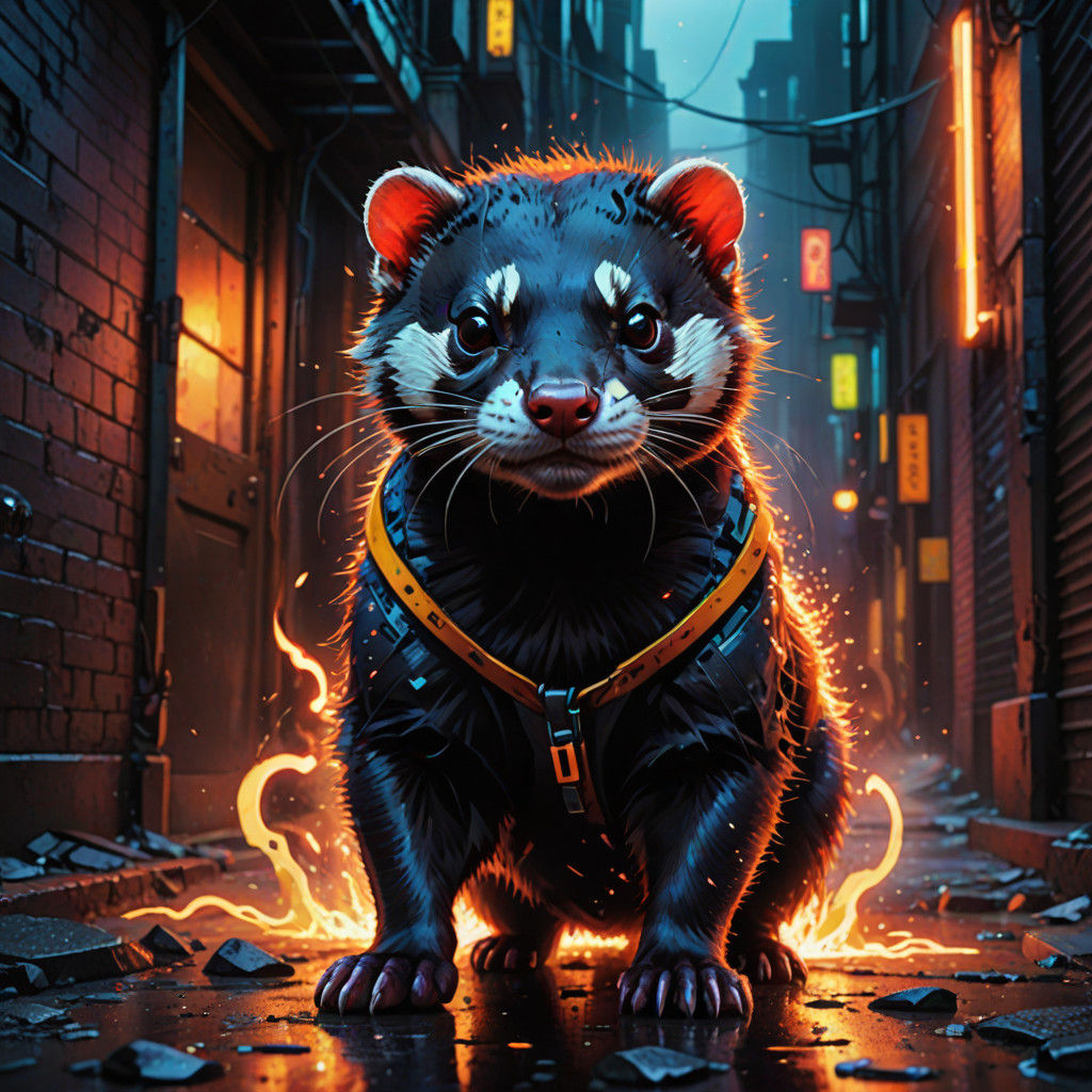 Cyberpunk Ferret with Laser Eyes and Flaming Aura