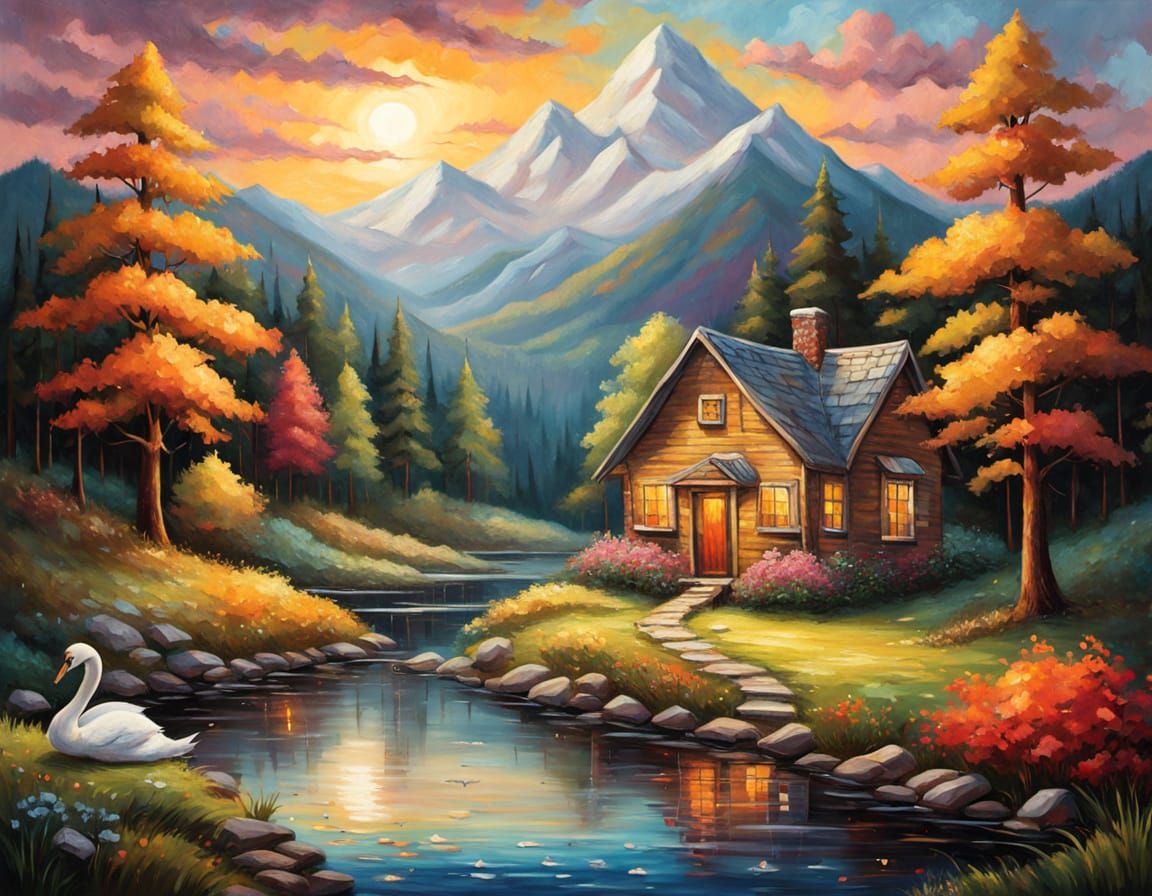 Cozy Cabin by Stream, Impressionist Oil Painting
