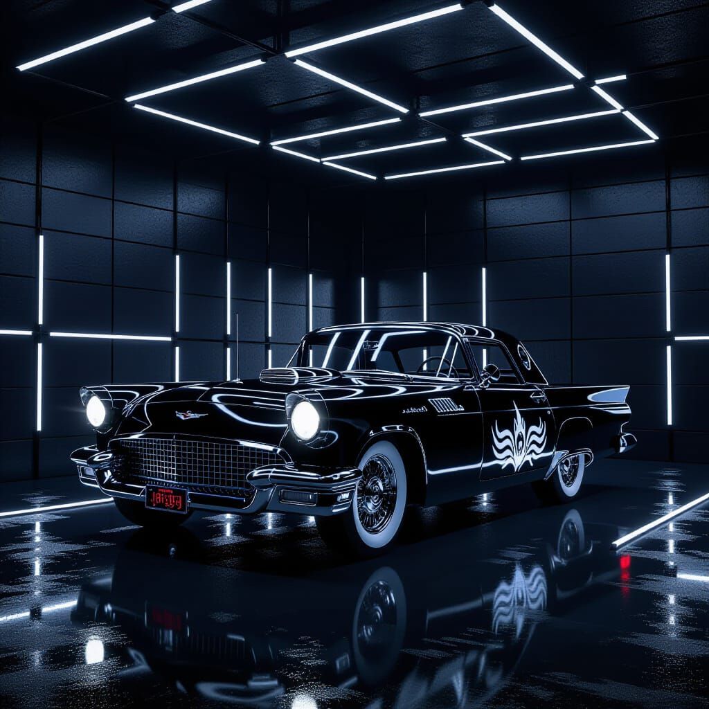 Sinister Black Sedan in Futuristic Garage 3D Render