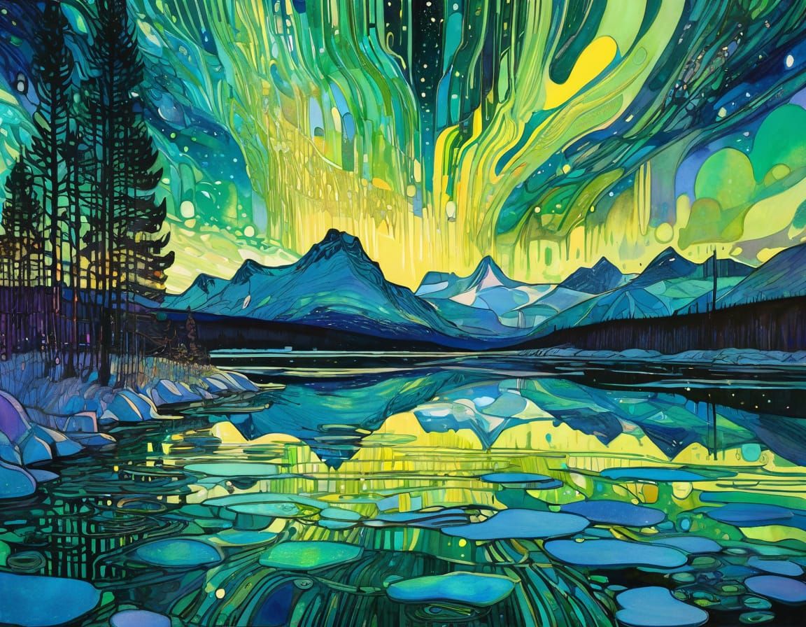 Neon Aurora Borealis in Art Nouveau Style