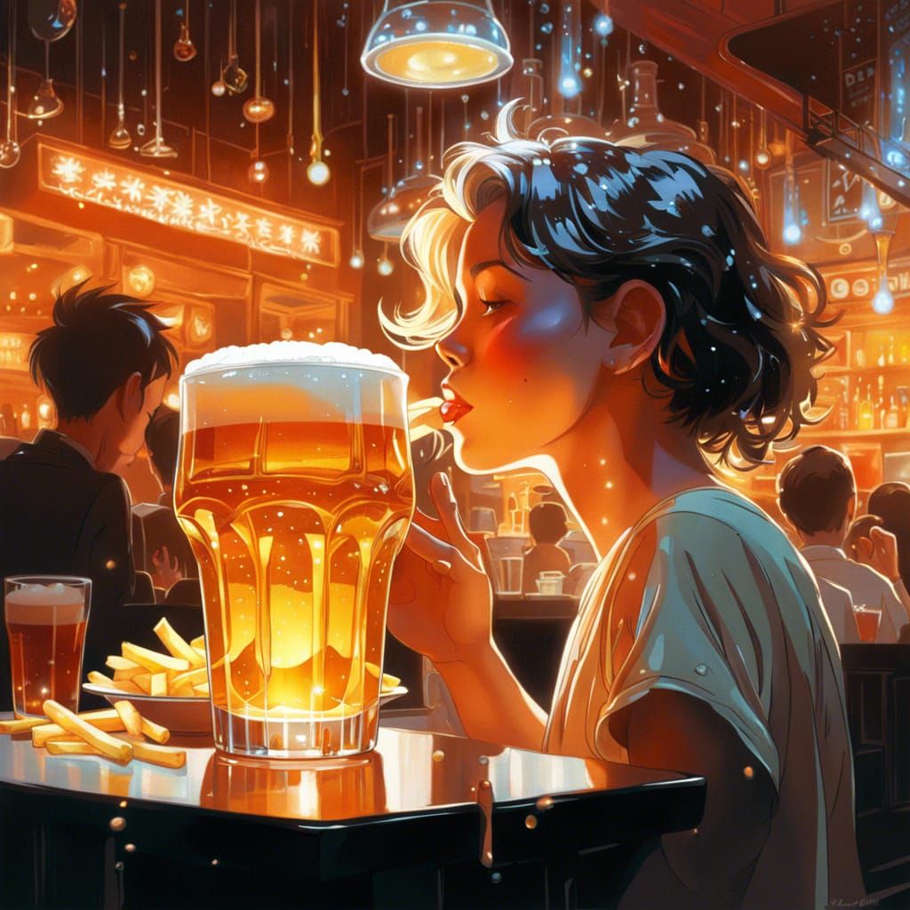 Hyper-Realistic Beer and Fries in Digital Art Style