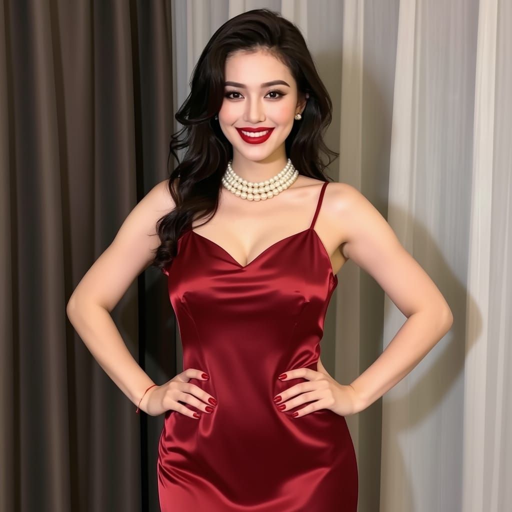 Elegant Young Woman in Red Satin Nighty with Pearl Necklace