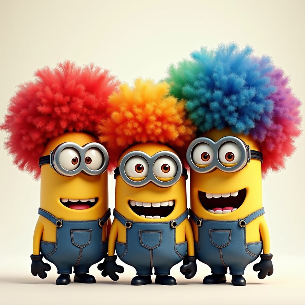 Minions with Afros and Clown Hair in Whimsical Style