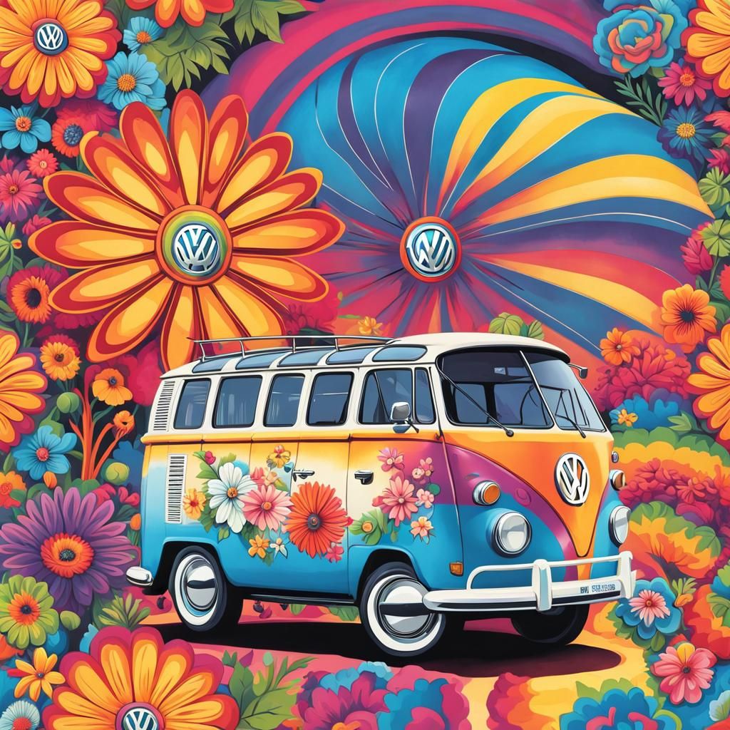 Psychedelic VW Van to Woodstock: Hyperrealistic Concept Art