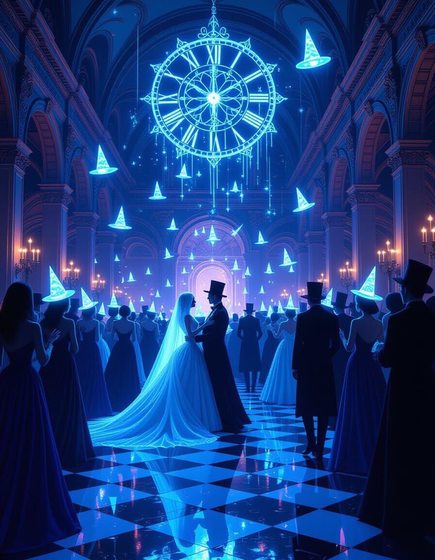 Haunting Masquerade Ball Countdown in Surreal Art Nouveau