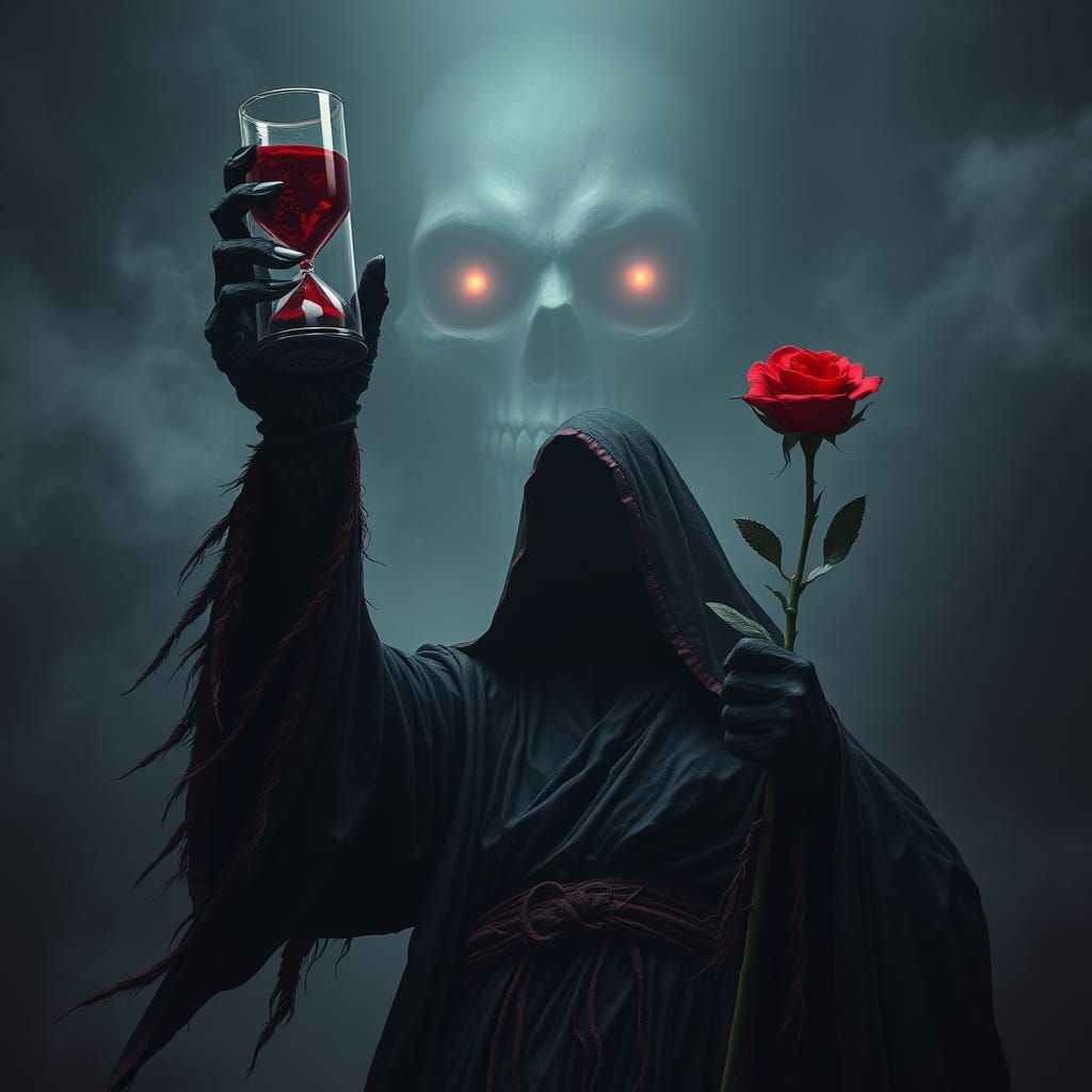 Towering Grim Reaper with Hourglass and Rose