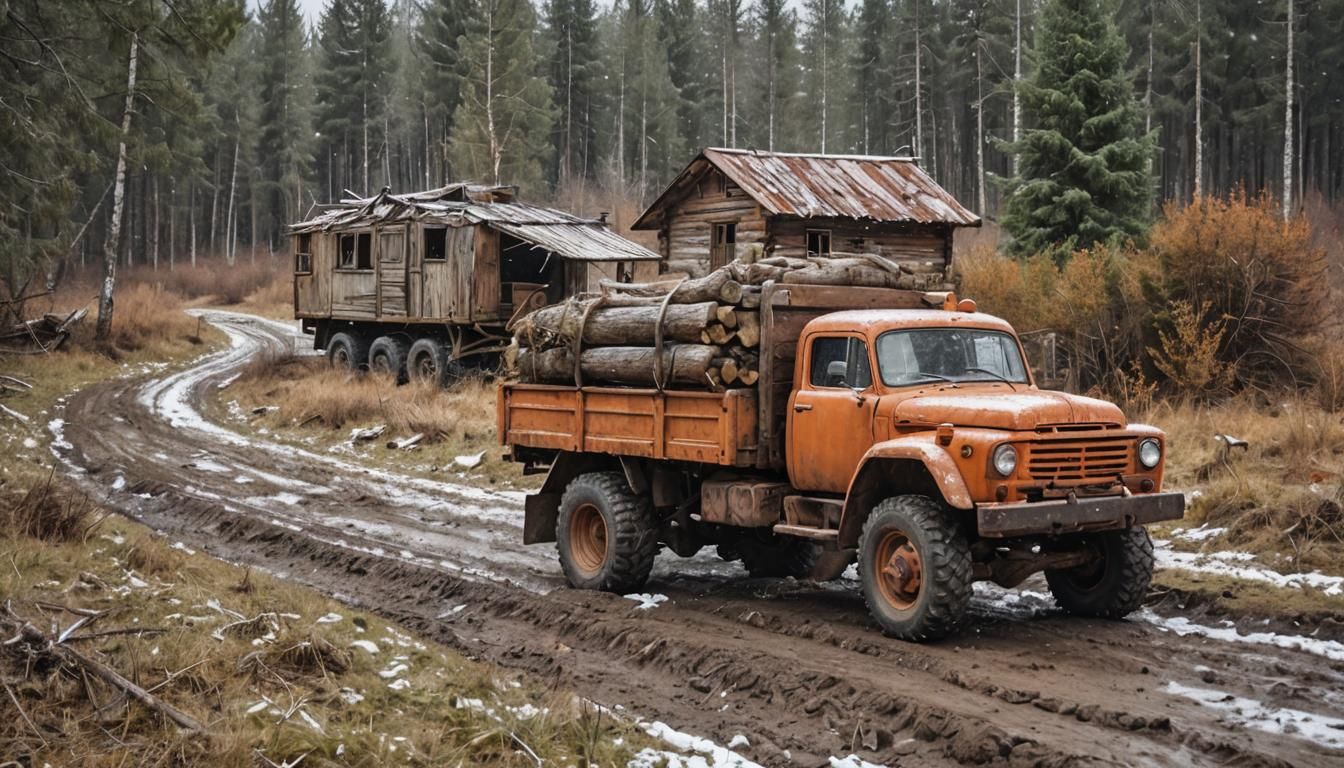 Orange Soviet Truck Off-Road in Snowy Winter Village