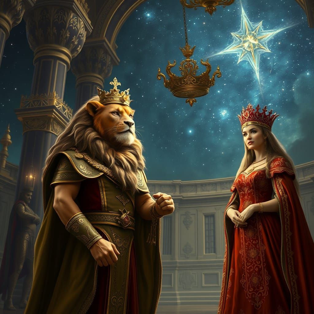 Lion King Simba Commands Prince and Queen in Ornate Palace