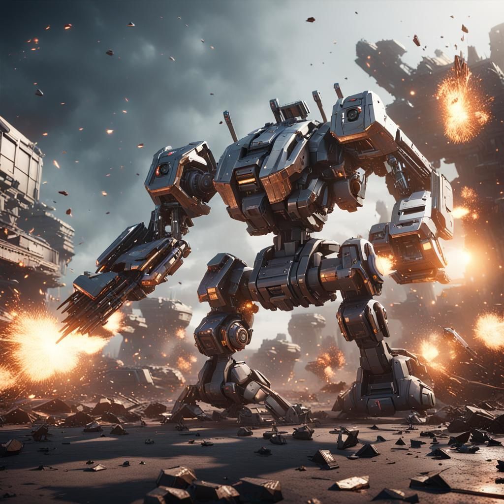 Epic Mech Battle in Sci-Fi Cityscape