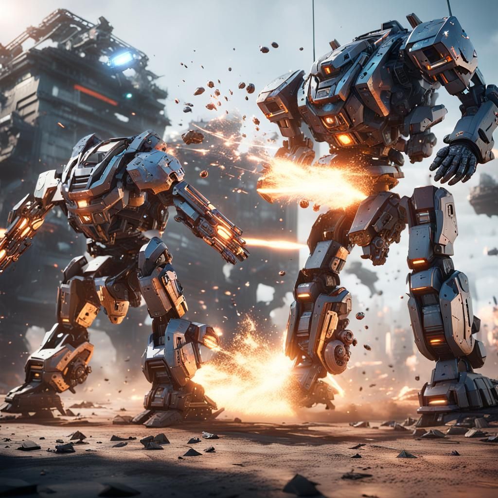 Epic Mech Battle in Cinematic Sci-Fi Style