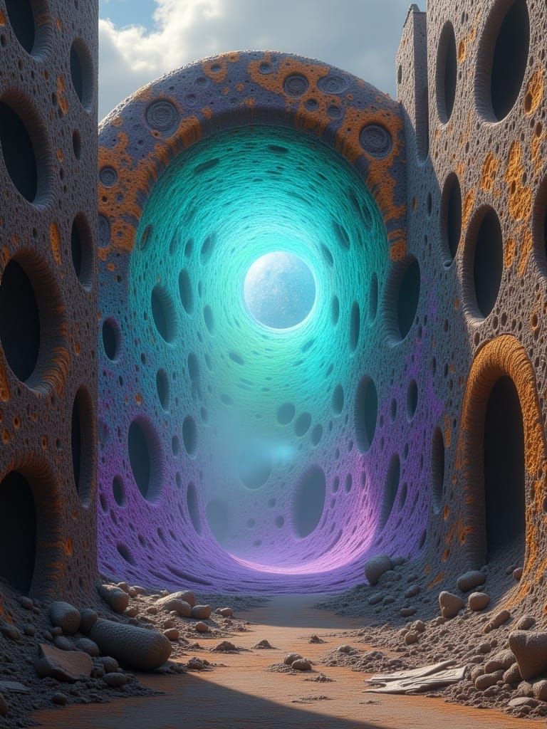 Ethereal Portal in a Desolate Post-Apocalyptic Slum