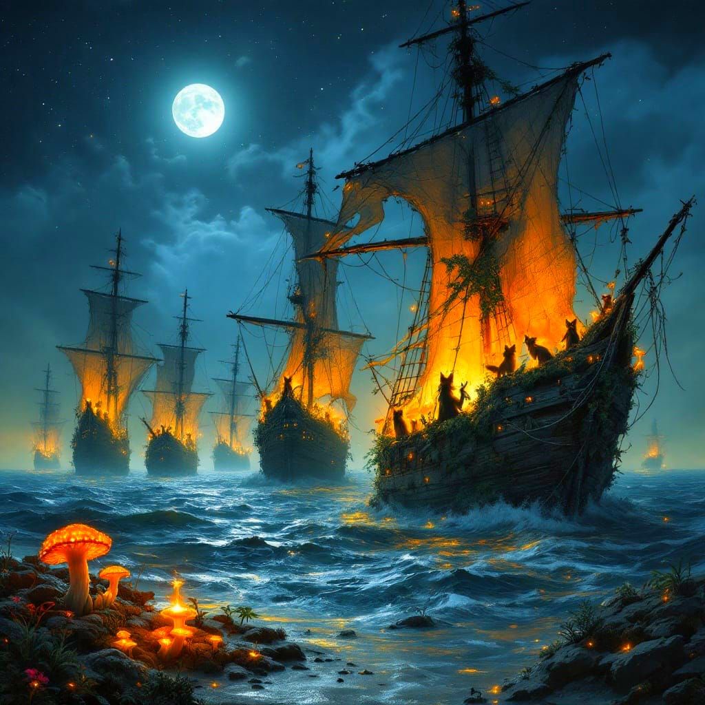 Foxes Under Moonlit Ships Sail