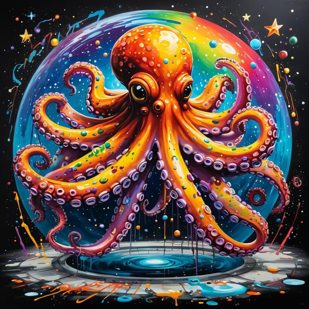 Octopus in Starry Space: Surreal Graffiti Art