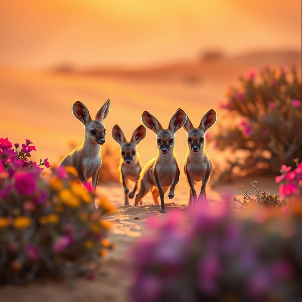 Surreal Fennec Fox Family Plays in Whimsical Sahara Sunset W...