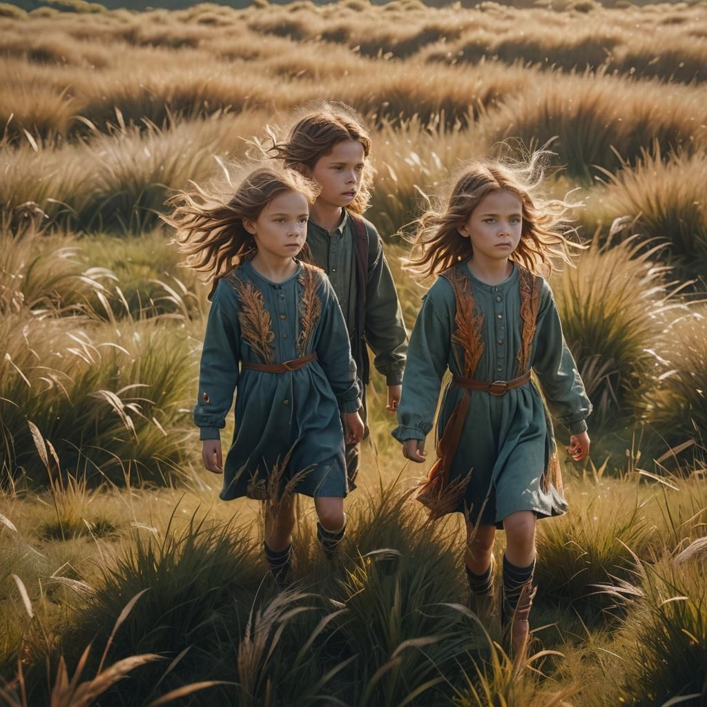 Windy Day: Twin Siblings in a Fantasy Landscape