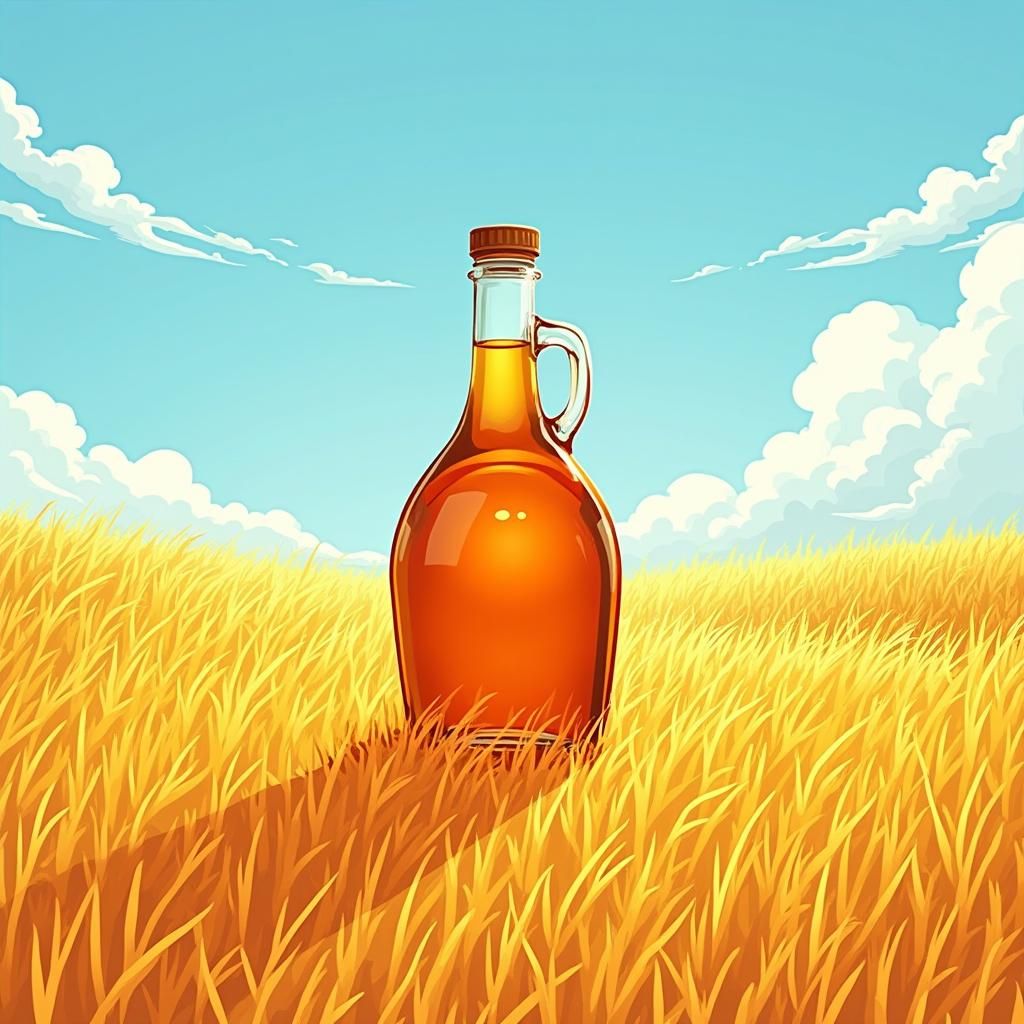 Syrup Bottle in Sorghum Field, Clipart Style