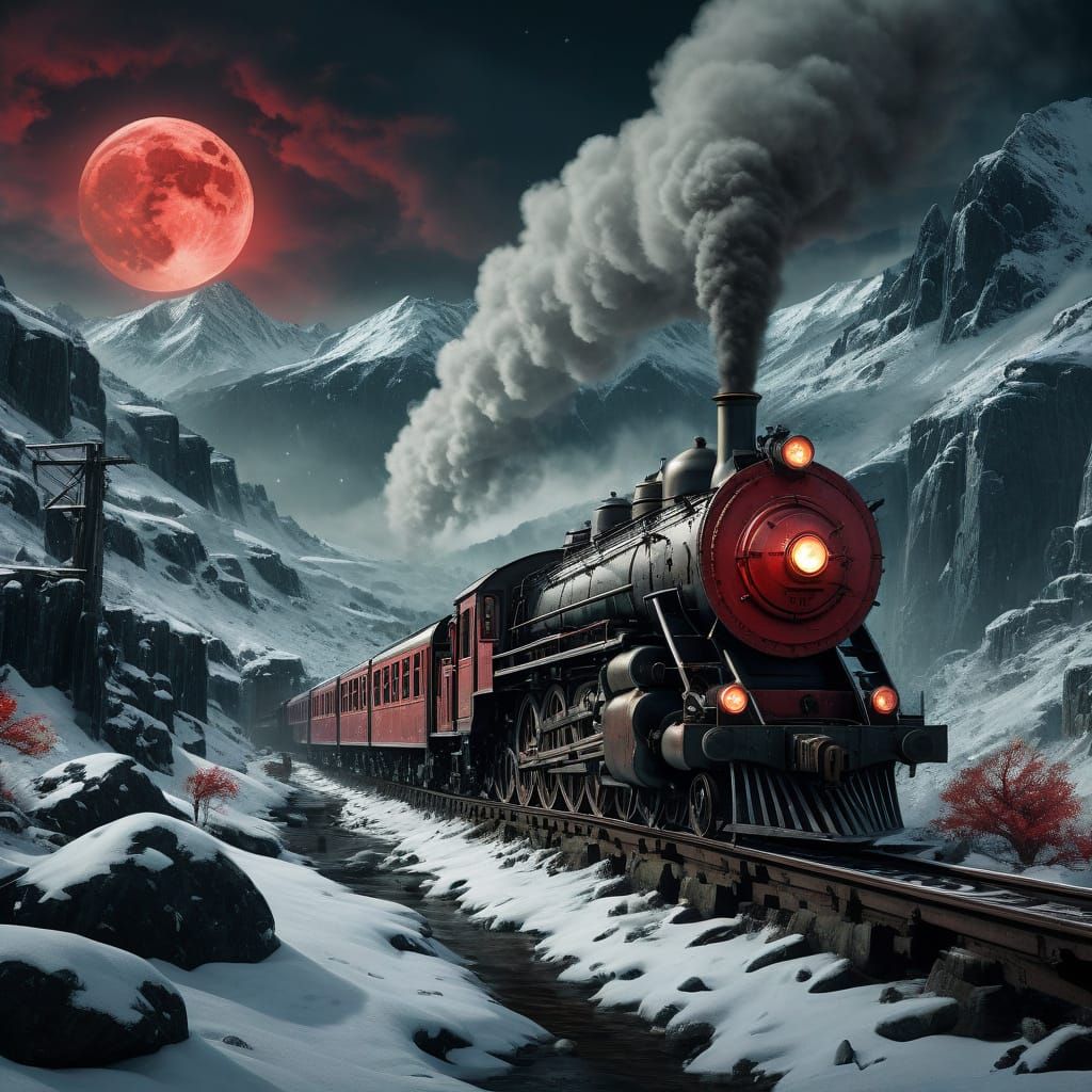 Steam Train in Mysterious Elven Valley Under Blood Moon