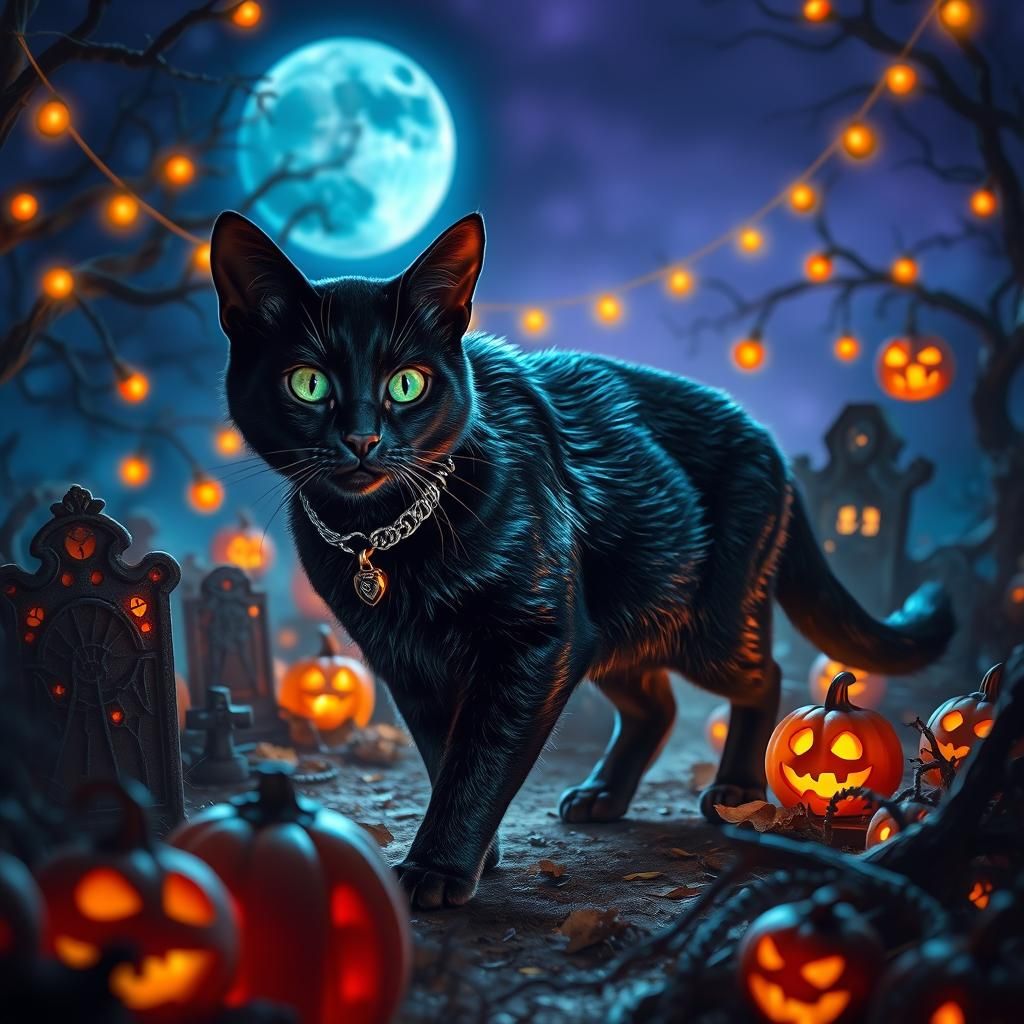 Black Cat Among Halloween Decorations in Fantasy Style