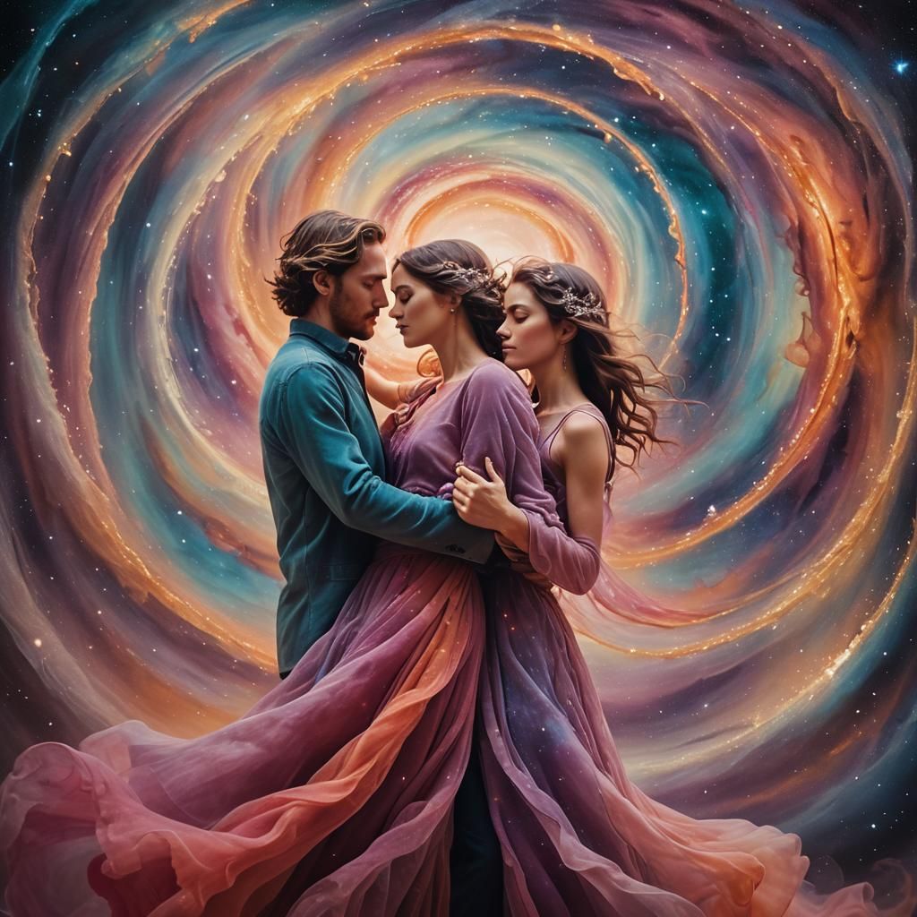 Cosmic Lovers Embrace in Surreal Stardust Vortex