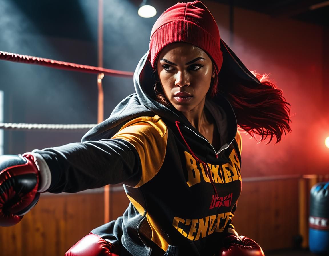 Confident Female Boxer in Dark Practice Room