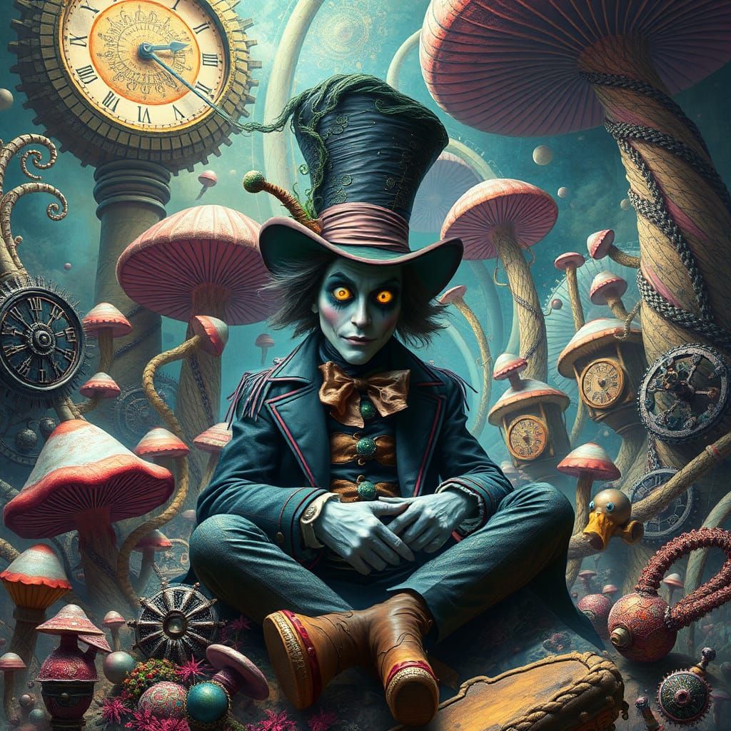 Psychedelic Mad Hatter in Dreamlike Landscape