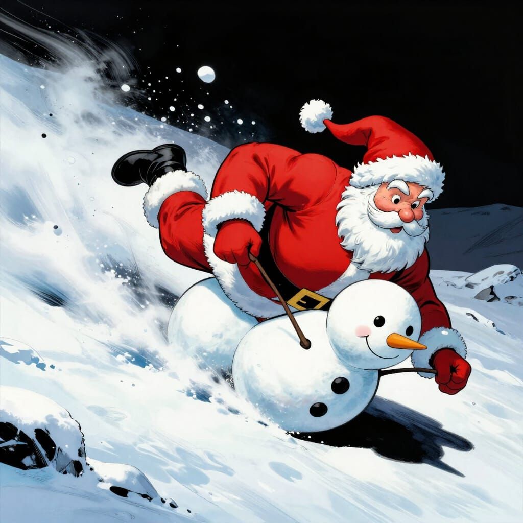 Snowman Races Down Mountain With Santa In Tow Comic Art