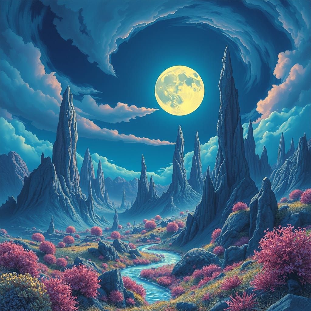 Ethereal Alien World Landscape Under Moonlight