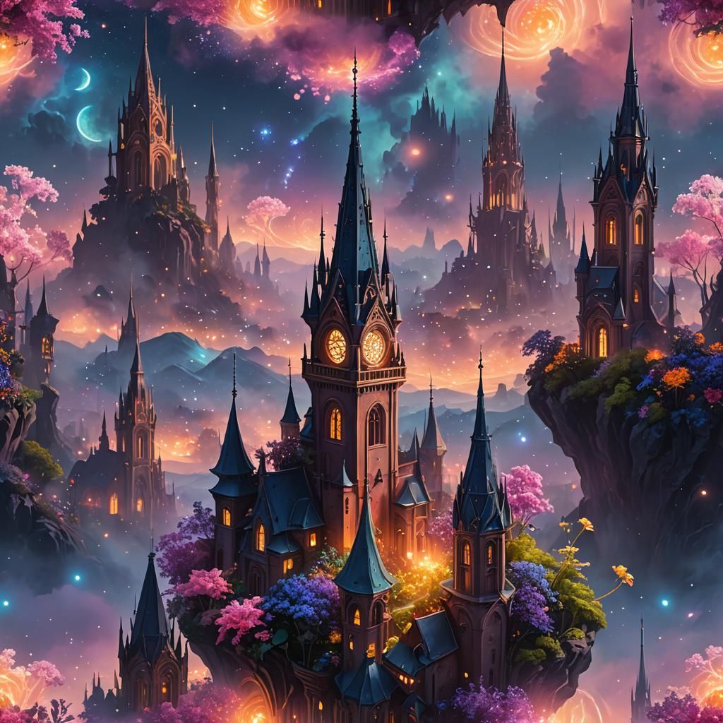 Alien Cityscape with Floating Spires at Dusk