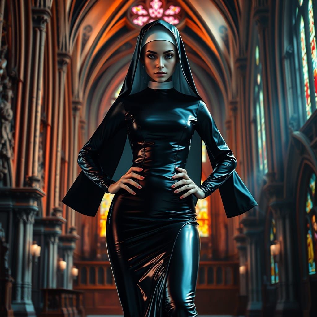 Confident Nun in Latex Habit Stands Against Gothic Church