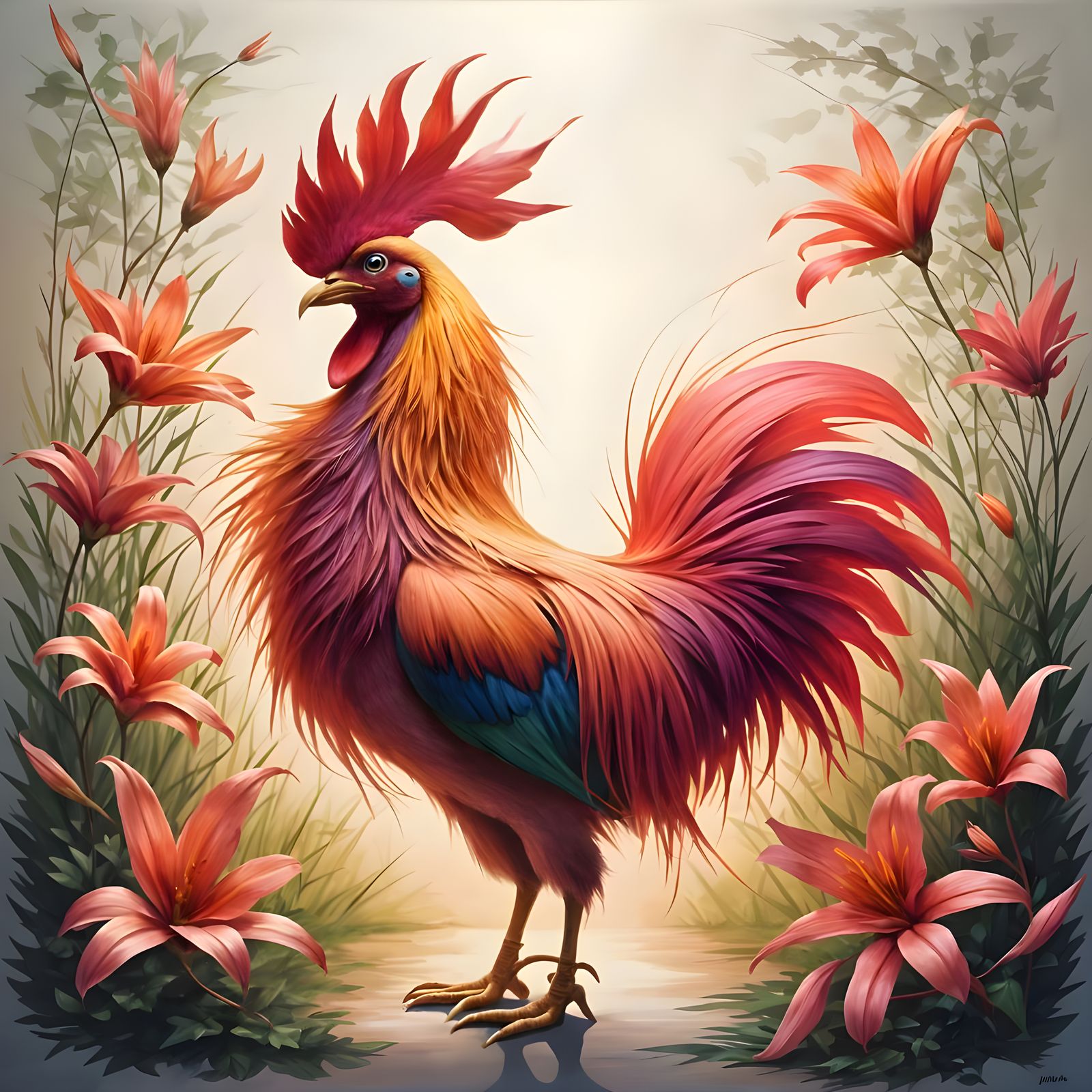 Rooster Among Frilly Lilies in Pink and Green