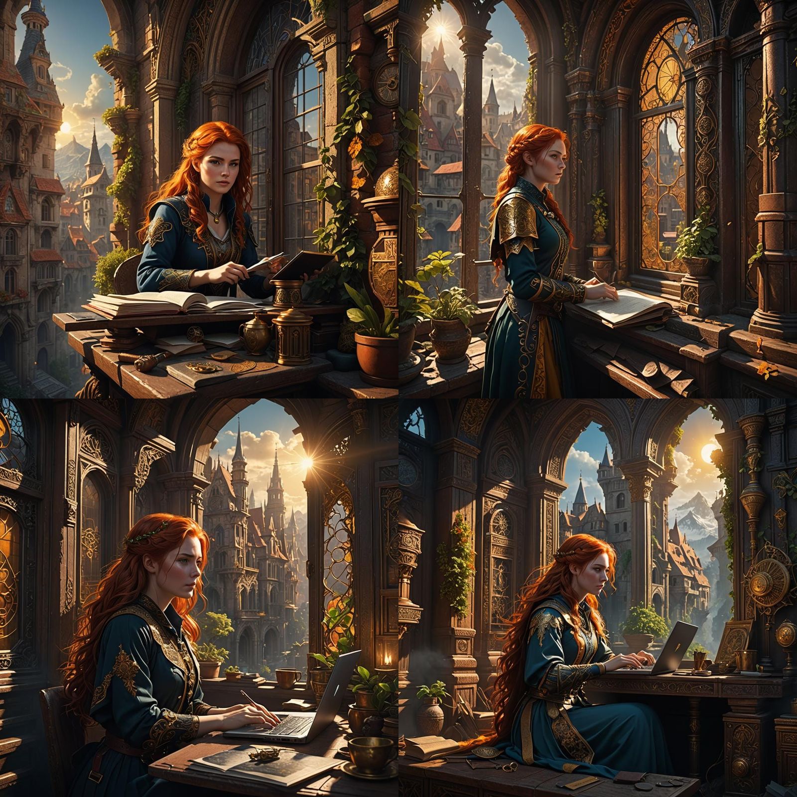 Redhead at Computer at Sunrise: Detailed Matte Painting
