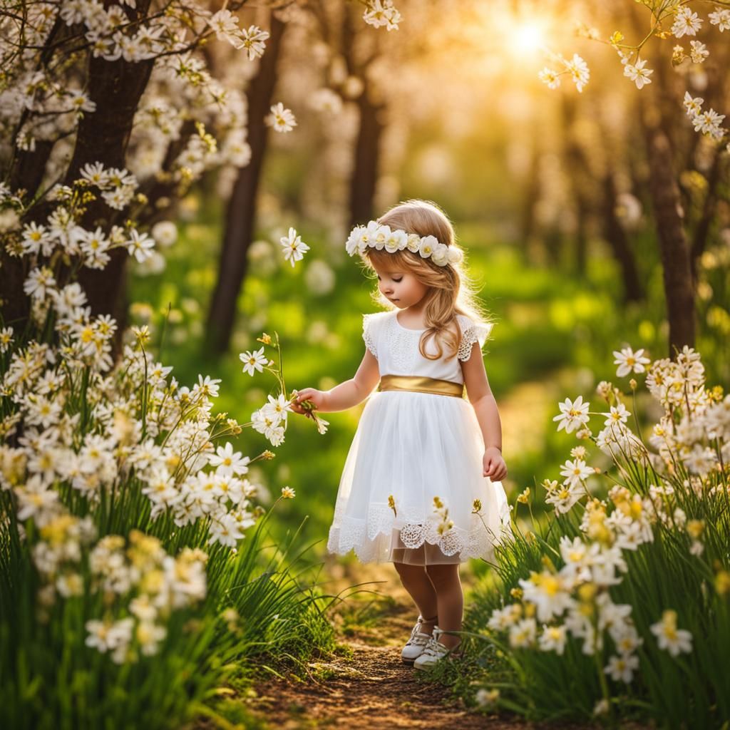 Children Enjoying the First Flowers of Spring