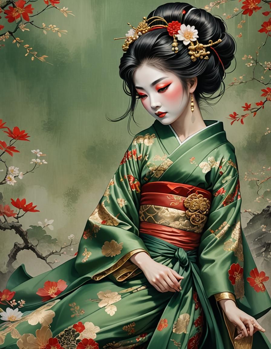 Geisha in Green Silk Kimono, Anime Style