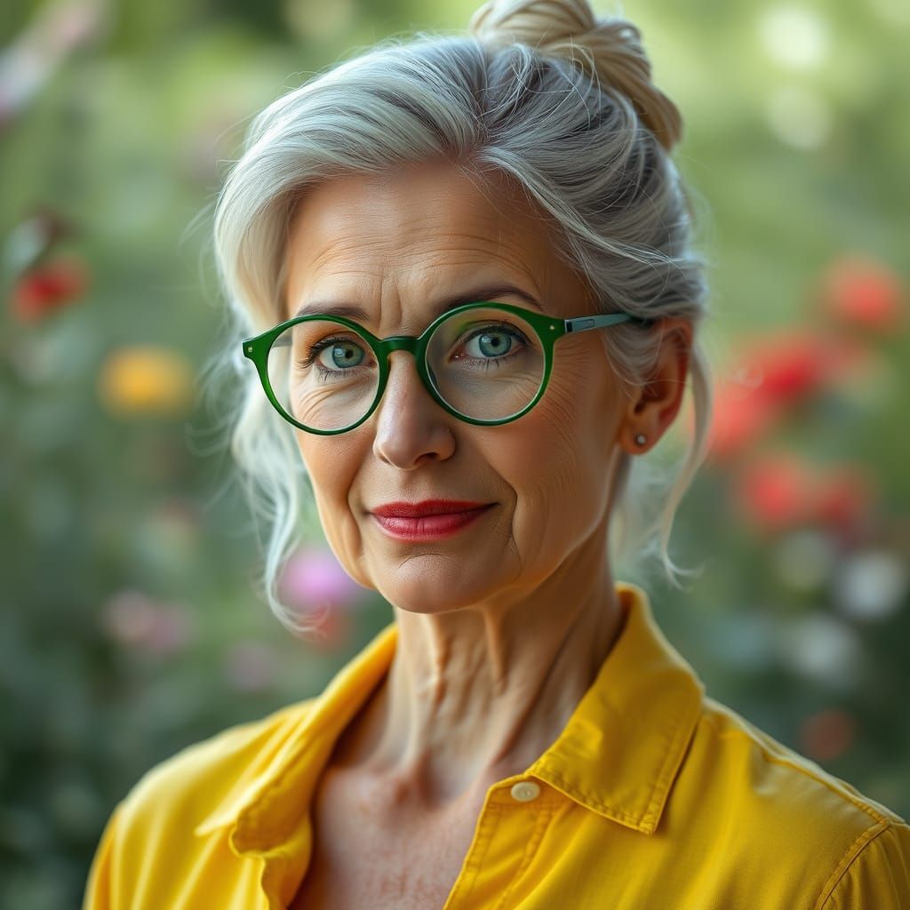 Elegant Woman with White Hair in a Fresh Garden Setting