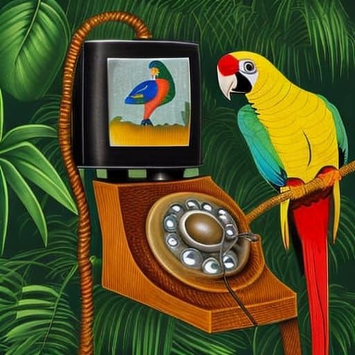 Colorful Parrot on Vintage Telephone in Jungle
