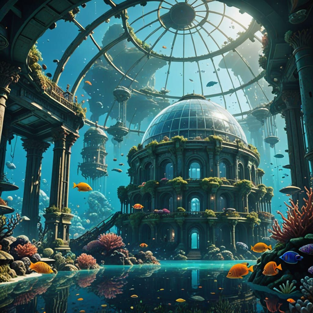 Bustling Underwater City in Transparent Dome