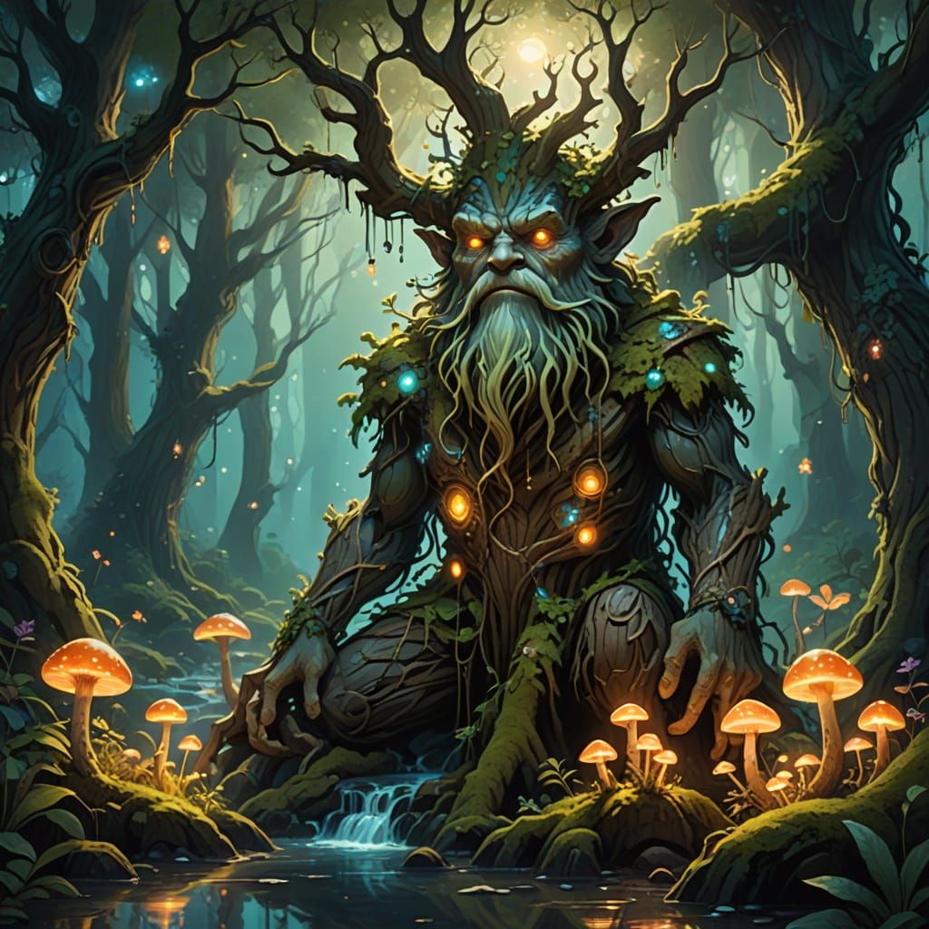Enchanted Treant in Bioluminescent Forest