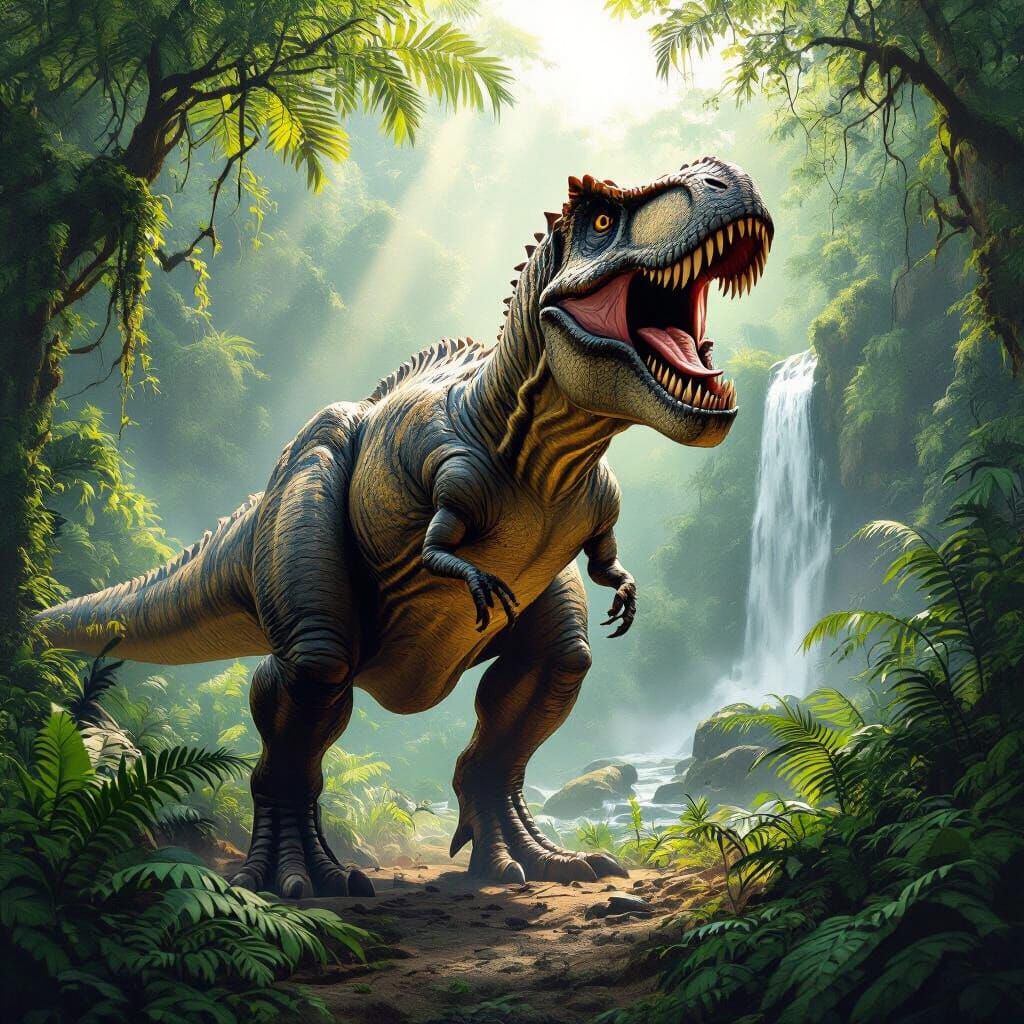 Majestic T-Rex Roaring in Lush Prehistoric Jungle