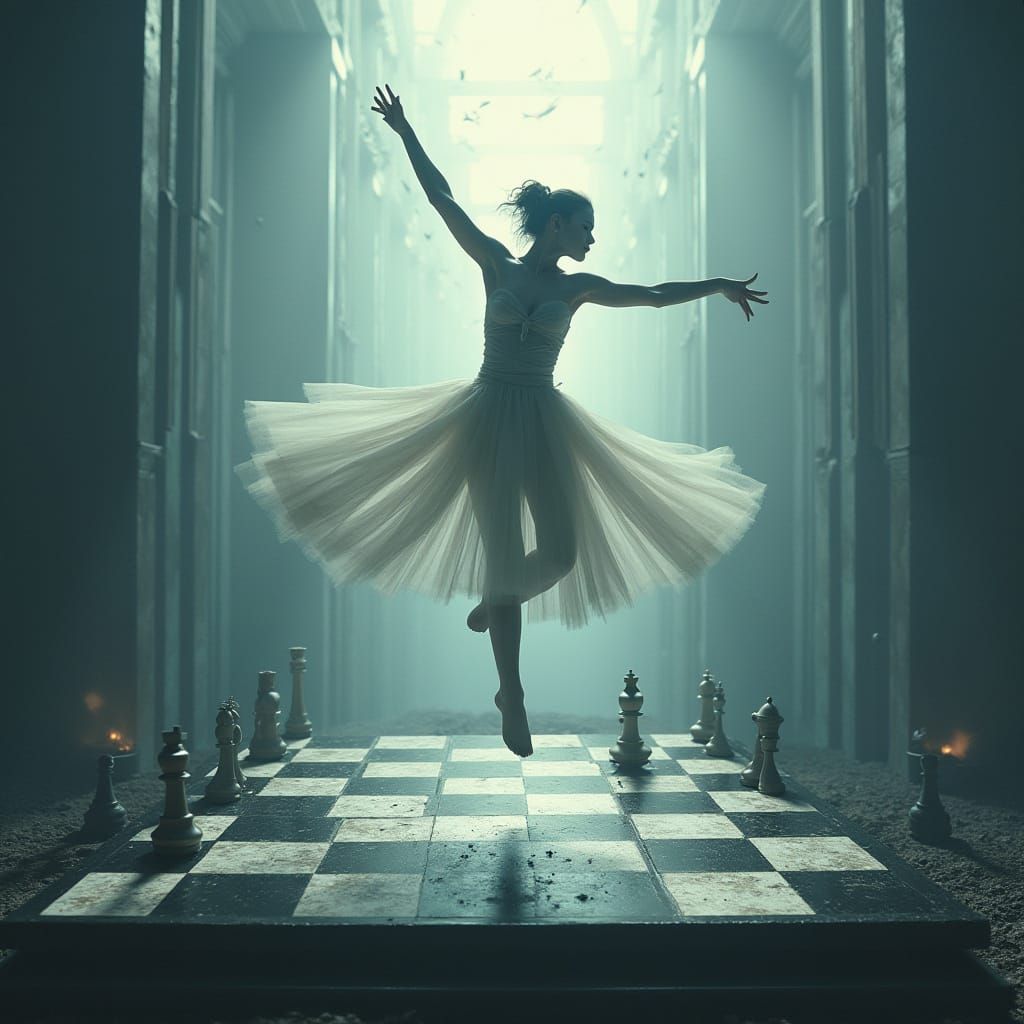Surreal Dancer Levitating Above Chessboard for Strategic Gam...