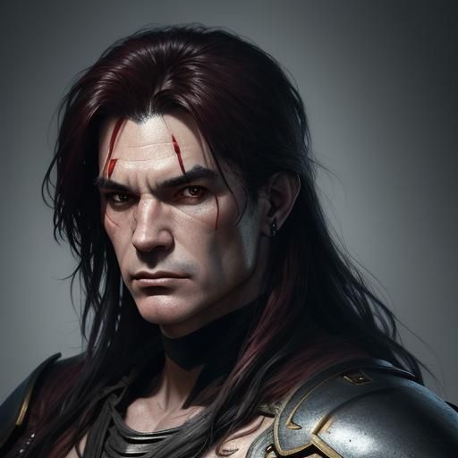 Male fantasy warrior with long hair with red highlights