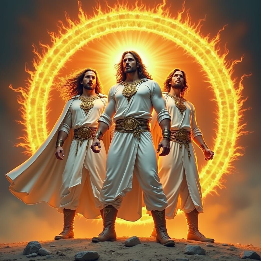 Fiery Protection: Men Sheltered by Jesus in Comic Art Style