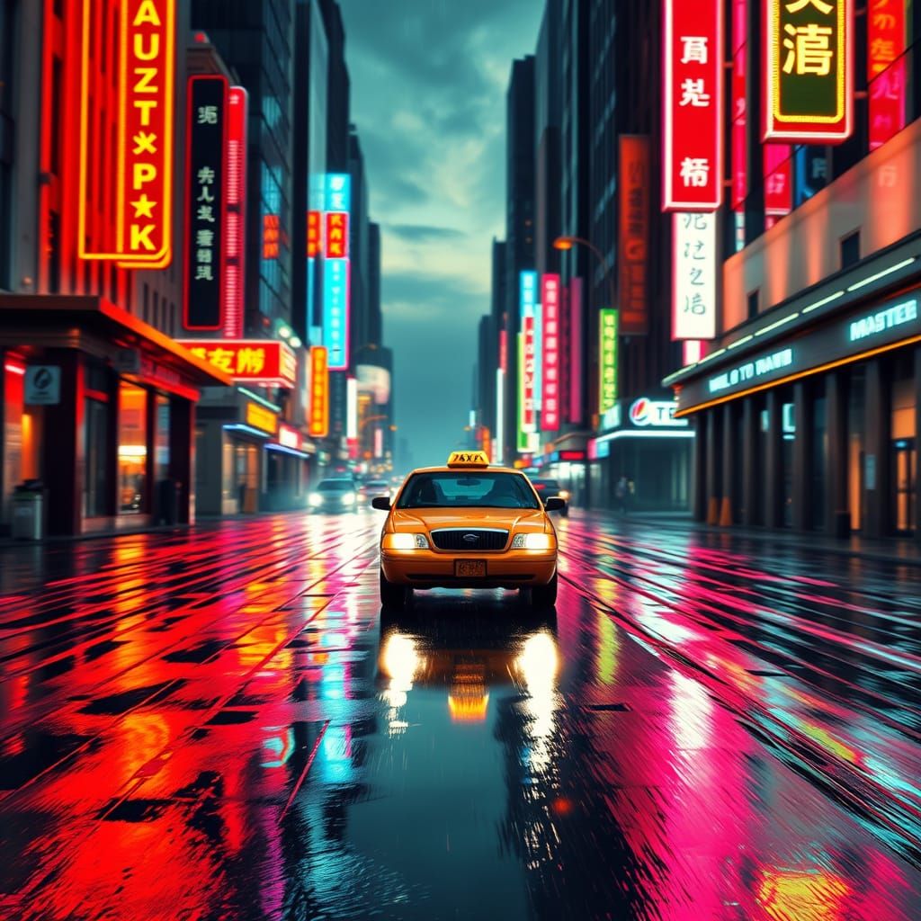 Rainy City Taxi at Dusk in Futuristic Neon Style
