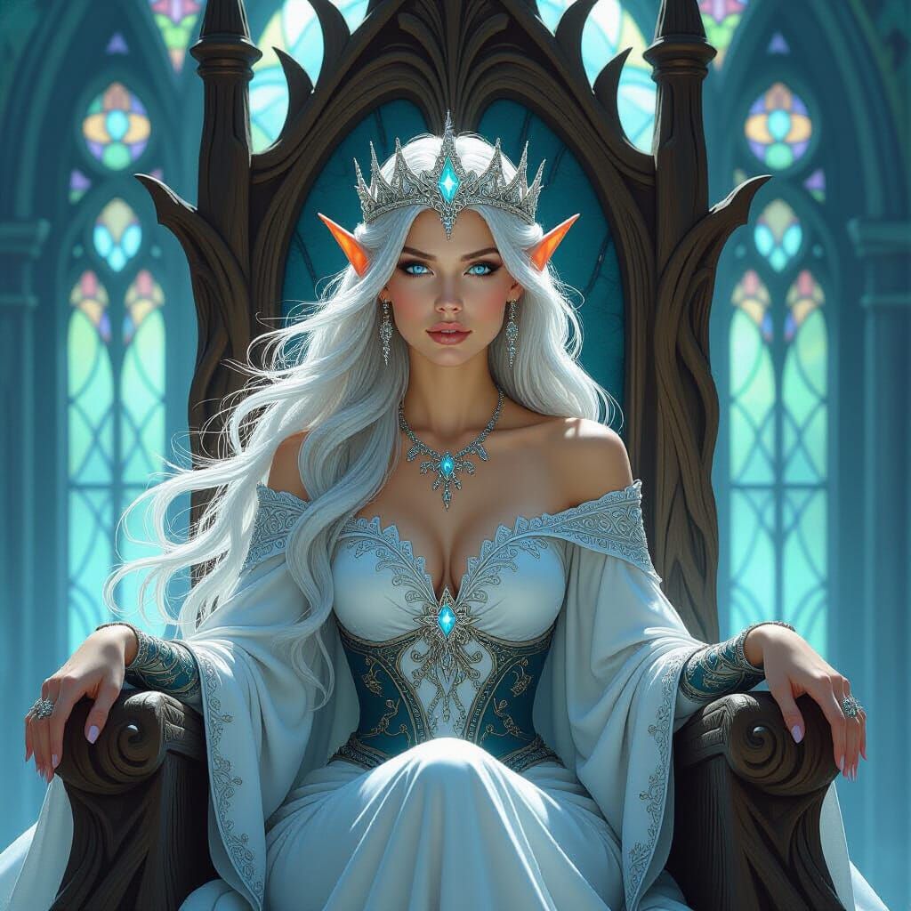 Elven Queen on Throne in Art Nouveau Style