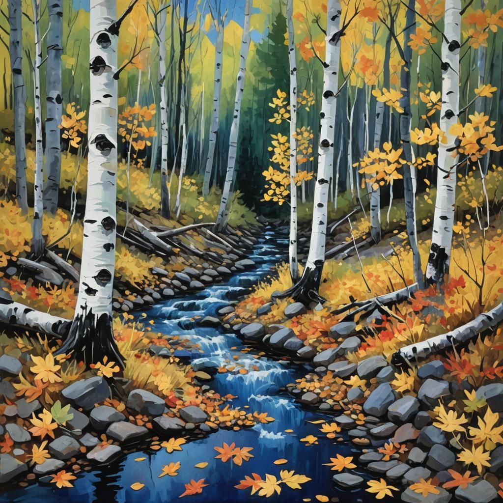 Aspen Trees with Fall Colors in Gouache Style